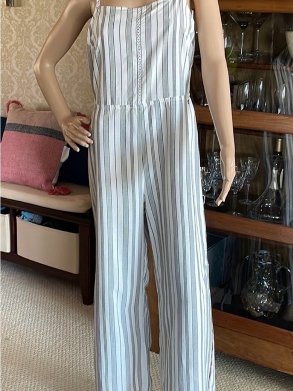 Roxy Sleeveless Striped Wide-Leg Jumpsuit in White and Gray